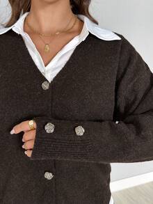 SHEIN LUNE Novo suéter cardigan estilo coreano de outono/inverno com decote em V e cor sólida, elegante e versátil para mulheres