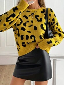 SHEIN Tall Pull doux et chaud en jacquard léopard, style décontracté pour grandes tailles