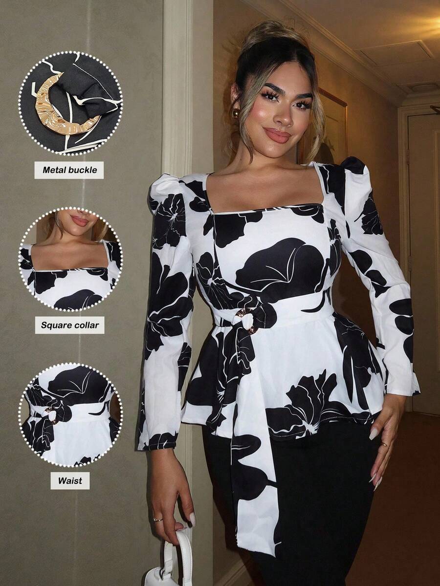 Xyvia Women's Casual Floral Print Square Collar Cinched Waist Shirt, Versatile For Work And Everyday Wear, Autumn/Winter - Multicolor - View 1