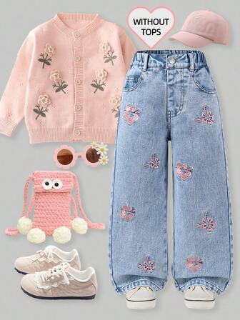 Bedårande ljustvättade denimjeans med broderat blommönster och växter, långa raka ben och dragkedja, söta från 90-talet