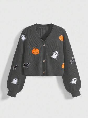 Cárdigan de punto de manga larga con botones y cuello en V con aplicación de dibujos animados de Halloween para mujer