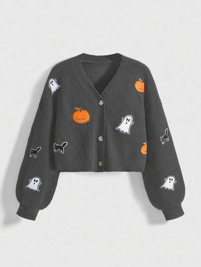 Cardigan en tricot à col en V, boutons devant et manches longues avec application de motif dessin animé d'Halloween pour femmes