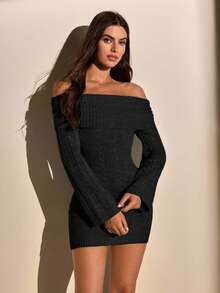 EURMUSE Petite 女士纯色粗针织露肩迷你毛衣裙 - 黑色 - 查看 1
