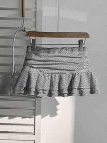 Elamini 时尚褶皱分层装饰甜美设计迷你裙优雅波尔卡圆点荷叶边下摆度假风格 A 字裙 - 深灰色 - 查看 2