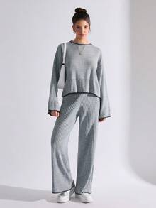 EURMUSE Color Block Trim Crop Knitted Sweater And Long Pants Set, Casual For Autumn/Winter - Grey - View 3
