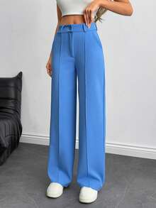 EURMUSE Women's Solid Color Toothpick Stripe Design Straight Leg Loose Casual Pants - Dusty Blue - View 1