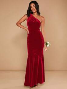 SHEIN Belle 女式优雅单肩鱼尾下摆连衣裙，夏季 - 紅色 - 查看 5