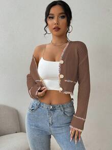 SHEIN Unity 女士纽扣装饰优雅长袖开衫 - 咖啡棕 - 查看 5