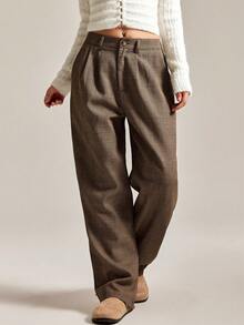 Easelle 格纹条纹休闲裤，适合秋冬 - 棕色 - 查看 1