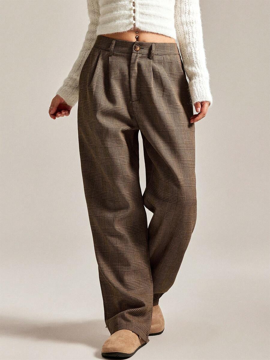 Easelle 格纹条纹休闲裤，适合秋冬 - 棕色 - 查看 1
