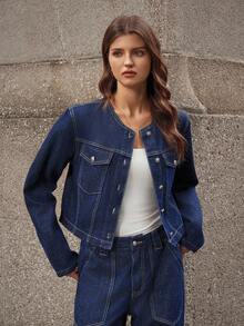 Selenza 女式时尚优雅圆领前开式休闲牛仔长袖上衣 - 深色水洗藍 - 查看 3