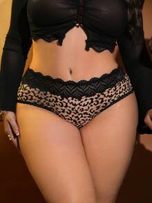 Große Größen Leopard Muster Sexy Spitzen-Patchwork Höschen - Verschiedenfarbig - Übersicht 1