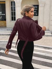 SHEIN Essnce Kurtka ze skóry PU z wycięciem pod szyją, zamkiem błyskawicznym z przodu i paskiem na jesień/zimę