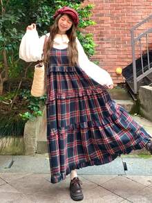 FRIFUL 女士格子极简吊带连衣裙 夏季女装 - 紅色 - 查看 4