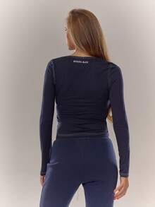 MUSERA Top de manga larga ajustado con detalles de botones y costuras de contraste, cómodo y casual para otoño, verano y primavera - Azul Marino - Ver 2