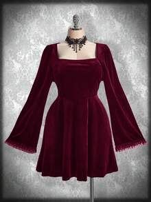 SHEIN ICON Váy nhung cổ vuông tay loe cỡ lớn, trang phục Halloween, váy phù thủy, thích hợp làm váy dự tiệc - Màu Đỏ Sâu - Xem 1