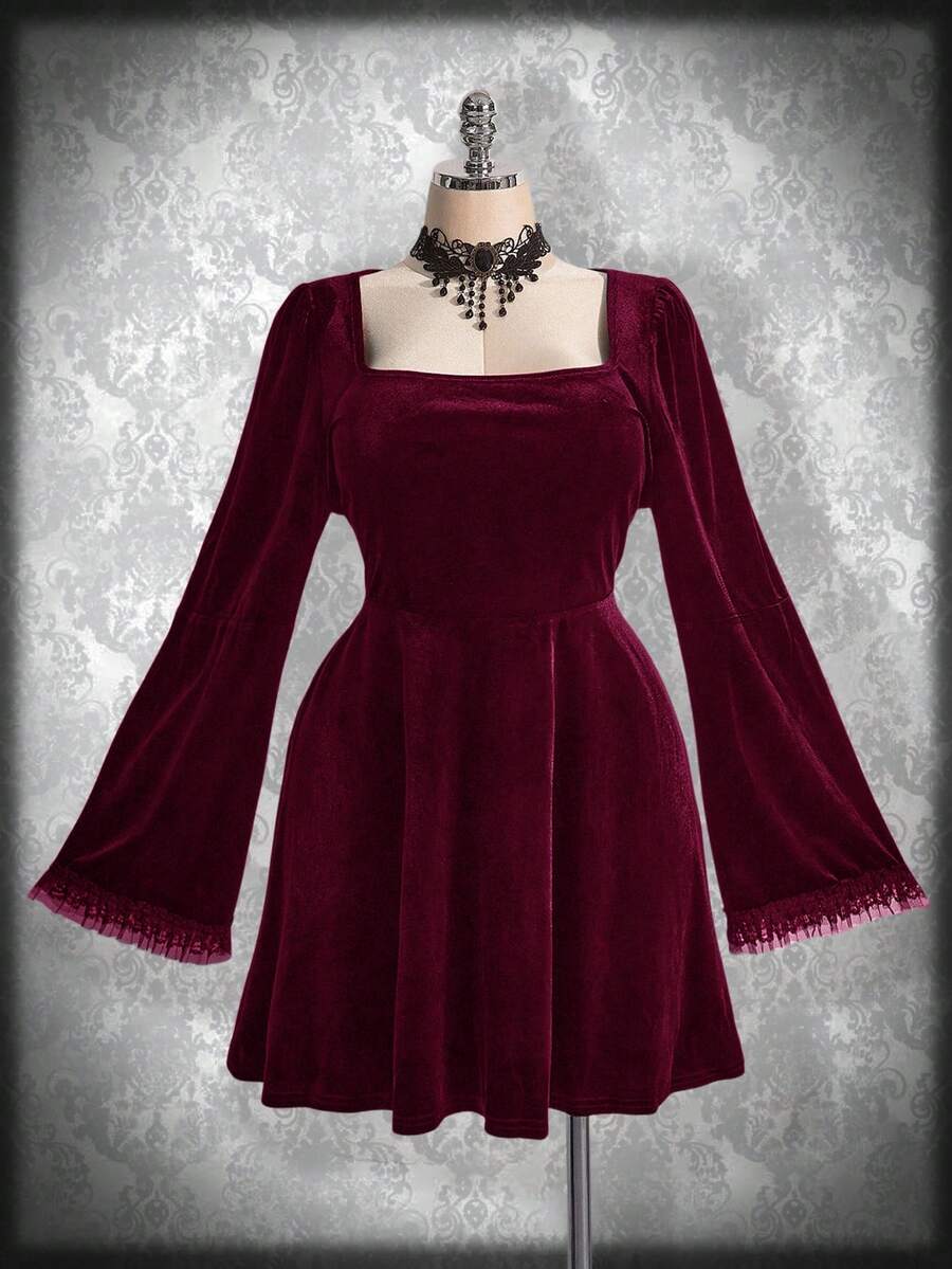 SHEIN ICON Váy nhung cổ vuông tay loe cỡ lớn, trang phục Halloween, váy phù thủy, thích hợp làm váy dự tiệc - Màu Đỏ Sâu - Xem 1
