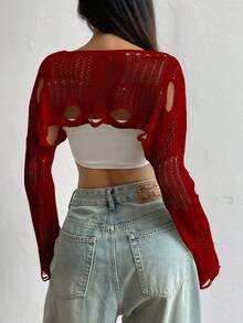 SHEIN Unity 女式纯色不对称领口做旧长袖套头毛衣 - 紅色 - 查看 2