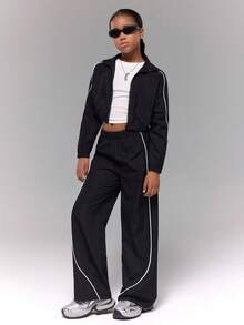 بنطلون فضفاض + جاكيت قصير ياقة عالية بتصميم أبيض وأسود متباين، مناسب للفتيات المراهقات للاستخدام اليومي في المدرسة والرياضة والشارع في فصلي الخريف والشتاء - الأسود - مشاهدة 4