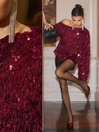 Poéselle 女士时尚亮片露肩宽松上衣，适合外出、优雅派对、休闲场合，闪亮夺目，也适合圣诞派对、商务场合、新年等场合，尽显优雅气质，是秋冬季的理想之选。