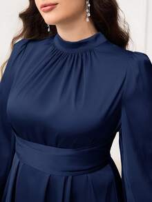 Modelyn Plus Size Elegant Solid Color Bell Sleeve Dress, Suitable For Party - Navy Blue - View 4