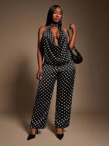 Radiana 大码女式优雅性感黑白波点围脖领无袖上衣和修身裤套装，秋冬 - 黑與白 - 查看 8