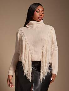 SHEIN SXY Plus Size Women's New Arrival Autumn/Winter Pullover Sweater With Tassel Decor High Neck - Apricot - View 1