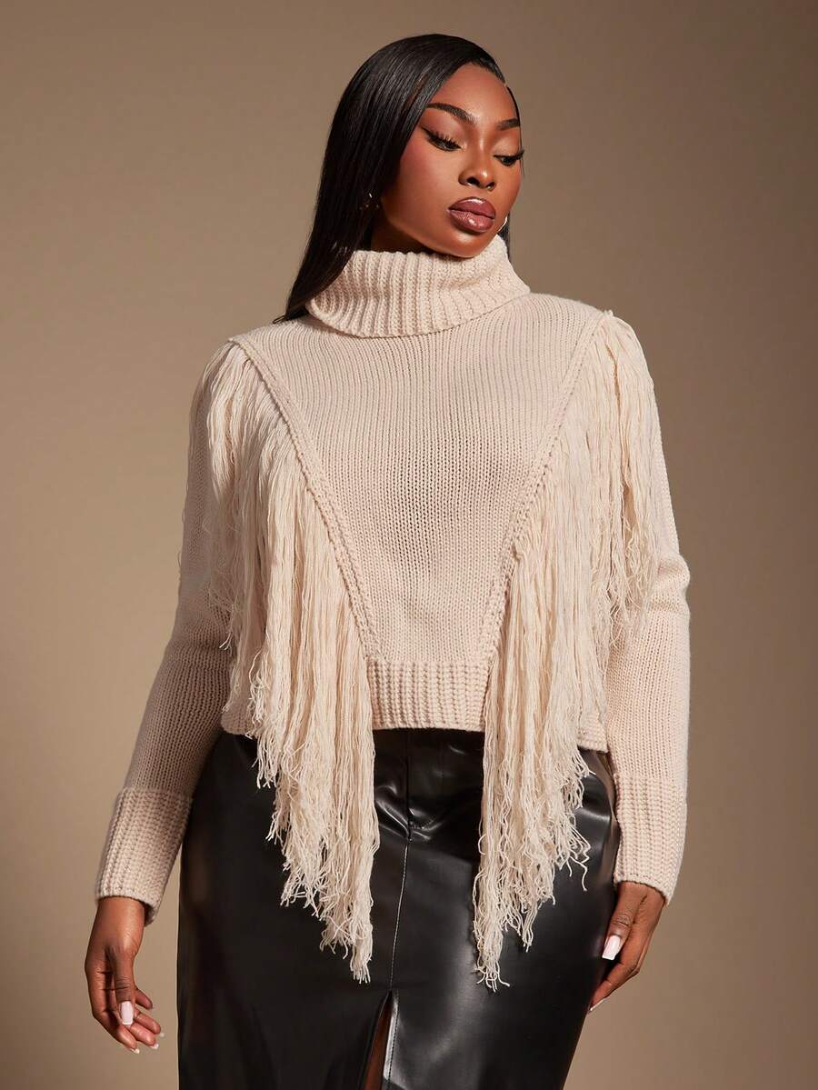 SHEIN SXY Plus Size Women's New Arrival Autumn/Winter Pullover Sweater With Tassel Decor High Neck - Apricot - View 1
