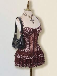 SHEIN ICON Women Brown Leopard Print Bustier Crop Top & Layered Lace Ruffle Mini Dress,Elegant Dresses For Party