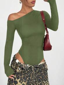 SHEIN EZwear 女款休閒純色不對稱領長袖修身綠色連身衣 - 軍綠色 - 查看 4