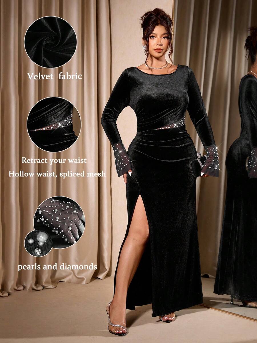 Cravure 大码女式优雅串珠长袖开衩黑色天鹅绒派对连衣裙 - 黑色 - 查看 1