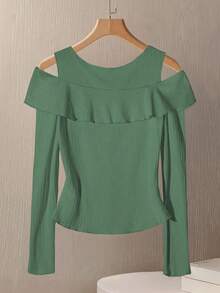 GlowEve Women's Autumn Simple Button Decor Off-Shoulder Fitted Long Sleeve T-Shirt - Mint Green - View 2