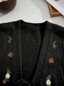 Sweetra Áo khoác cardigan len dệt kim cổ chữ V thêu nơ thời trang thu đông màu kaki dễ thương - màu đen - Xem 4