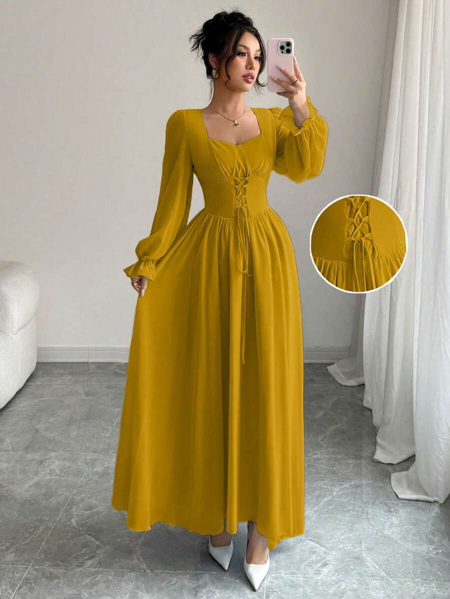 Modelyn 女式法式高端甜心领荷叶边袖系腰长裙，春秋 - 黃色 - 查看 1