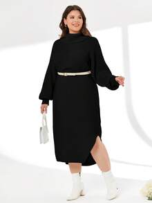 SHEIN Cottnline High Neck Raglan Sleeve Slit Thigh Sweater Dress (No Belt) - Black - View 3