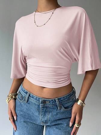 Aloruh Solid Color Pleated Round Neck Cropped Elegant Short Sleeve T-Shirt, Summer