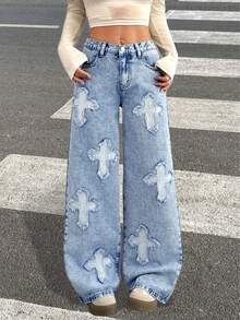 SHEIN 少女Y2K低腰浅色水洗休闲撞色十字刺绣宽松直筒牛仔裤，秋冬季宽松裤，适合毕业季、万圣节、圣诞节、返校季等场合，街头复古风，舒适百搭，适合13-16岁女孩，适合上学、居家和旅行，刺绣牛仔裤 - 淺色水洗藍 - 查看 3