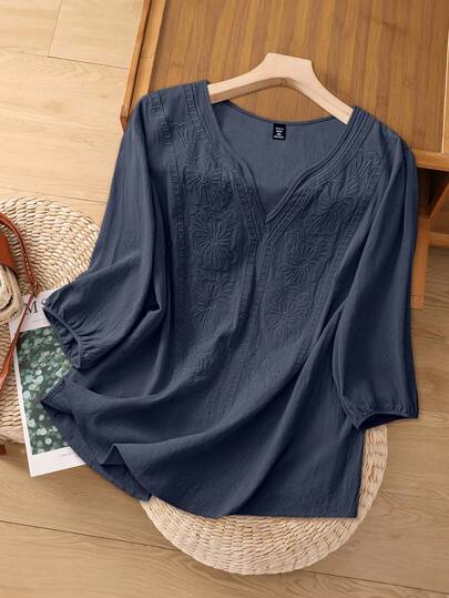 Linhara 女式 V 领刺绣 3/4 袖亚麻衬衫，宽松夏季上衣