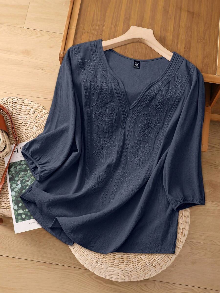 Linhara 女式 V 领刺绣 3/4 袖亚麻衬衫，宽松夏季上衣 - 藍色 - 查看 1
