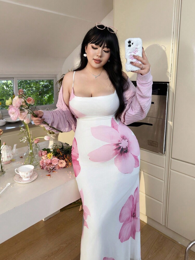 SHEIN EZwear Plus Size Casual White Floral Print Mesh Strap Dress - Multicolor - View 1