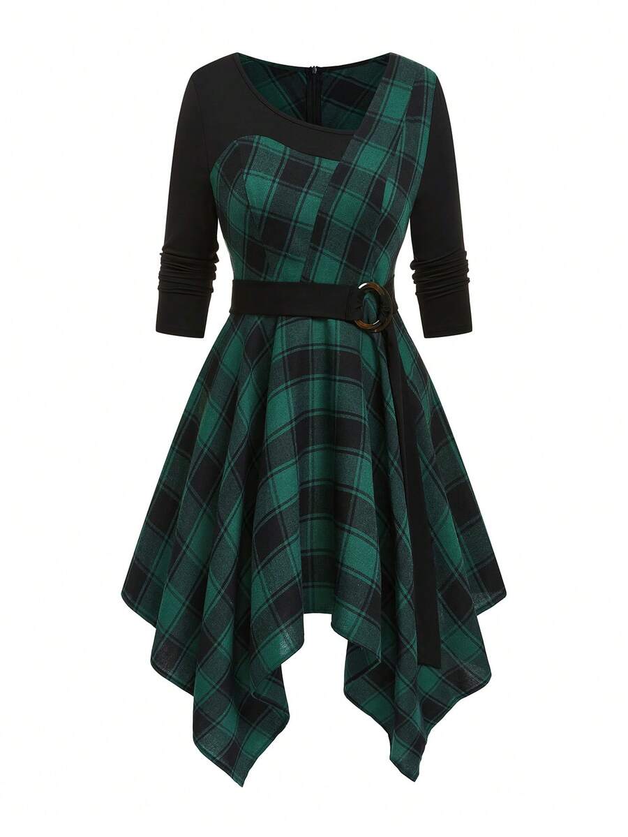 SHEIN Plus Size Women Elegant Patchwork Plaid Dress - Multicolor - View 1