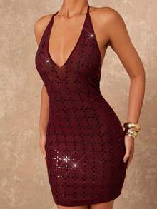 Lumalex 女式水钻和水晶装饰 V 领露背紧身迷你连衣裙 - 紫色 - 查看 5