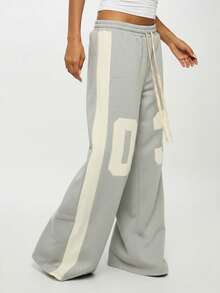 SUMWON WOMEN 阔腿抽绳运动裤，搭配撞色侧板和校队号码印花，打造休闲街头服饰 - 淺灰色 - 查看 5