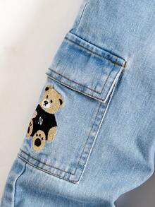 男童休闲宽松直筒牛仔裤，可爱刺绣图案，中蓝色水洗牛仔布，适合小男孩，春秋新品 - 淺色水洗藍 - 查看 5