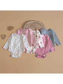 Loomiva 5pcs/Set Newborn Baby Boy/Girl Cartoon Animal Pattern Soft Knit Crew Neck Long Sleeve Snap-Up Bodysuit - Multicolor - View 4