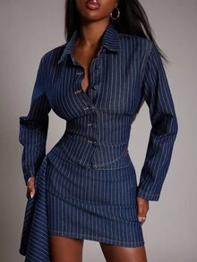 NYA SZN Áo khoác denim dáng ngắn tay dài cài nút, họa tiết sọc, ôm sát, phong cách đường phố, thường ngày, công sở, mùa thu đông, phù hợp đi làm, dự lễ hội, lễ hội hóa trang dành cho nữ. - Rửa tối - Xem 4