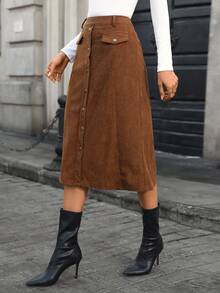 SHEIN LUNE Fustă de damă kaki din catifea reiată texturată, cu buzunare în față, cu clapă deschisă, stil stradal, pentru vacanță, Halloween, articol esențial la modă, fustă dreaptă versatilă, lungime medie - Kaki - Vizualizare 8