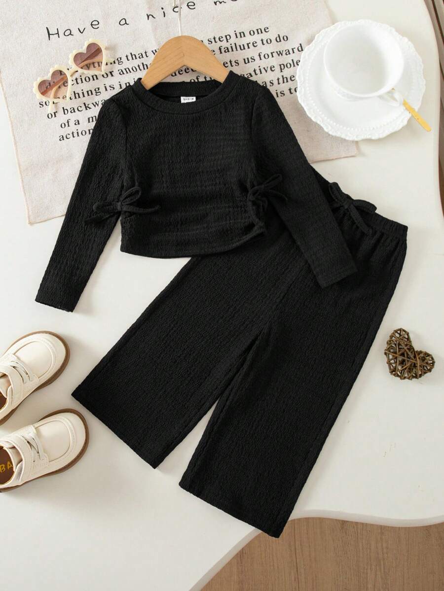 Babygirl Casual Versatile Solid Color Black Long Sleeve T-Shirt Set - Black - View 1