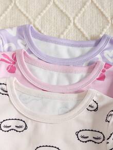 6pcs Multi-Pack Snug Fit Heart&Bow&Eyeslash Pajamas Set For Baby Girls, Long Sleeve Top And Leggings Girl Pajamas,  Cute Pattern Design, Soft & Comfortable Fabric, Suitable For Children Loungewear ,Suitable For Fall&Winter Comfortable And Soft - Multicolor - View 4