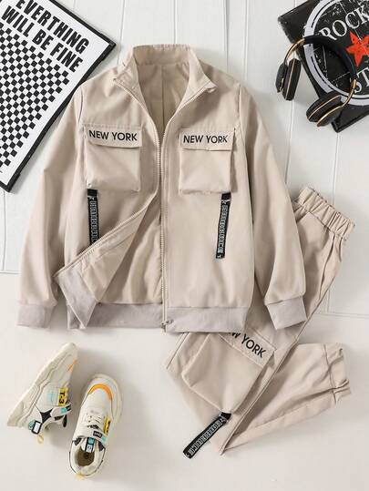 SHEIN Tween Boy Casual Daily Letter Graphic Zip-Up Jacket And Pants Set, Autumn